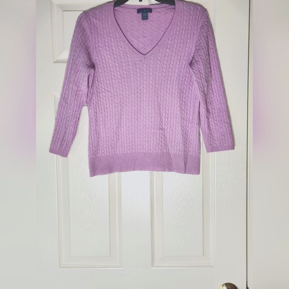 Griffin L Lavender Cable Knit 3/4 Sleeves V-neck 100% CASHMERE Women’s Sweater